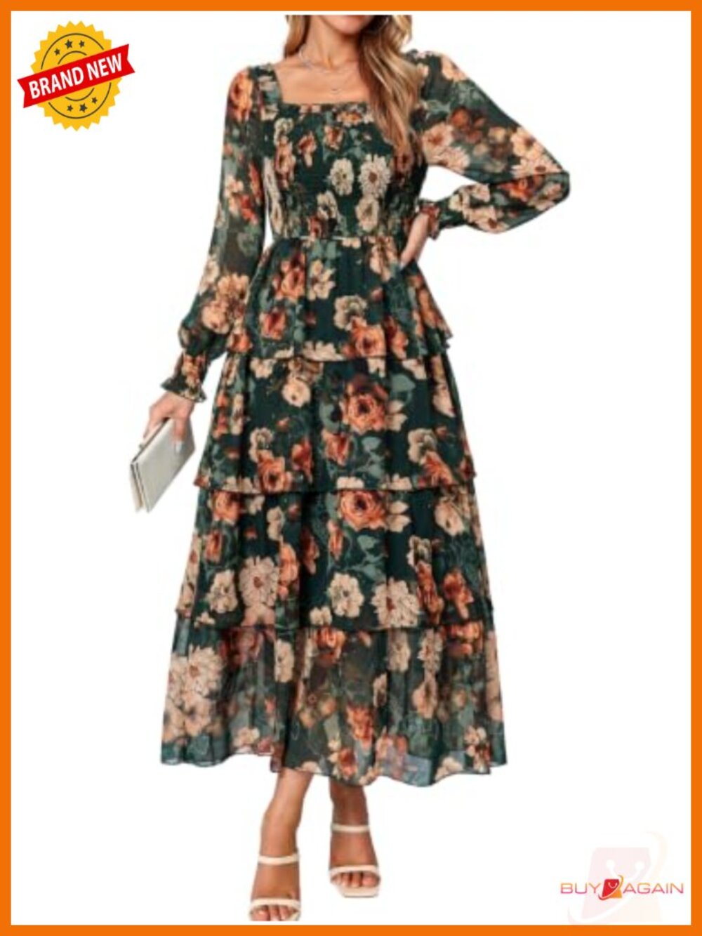 Womens 100% Polyester Chiffon Smocked Tiered Maxi Dress Square Neck Long Sleeve